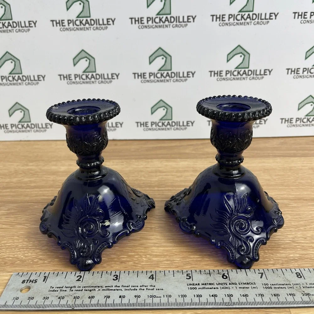 Vintage Cobalt Blue Glass Candlestick Holders Set of 2 Embossed Floral Victorian